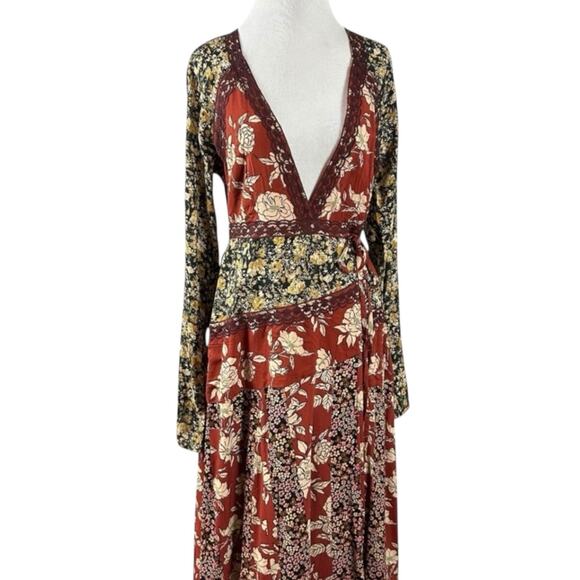 Free People Tilda Maxi Wrap Dress Neutral Combo Large Western Bohemian NWT - Picture 9 of 15